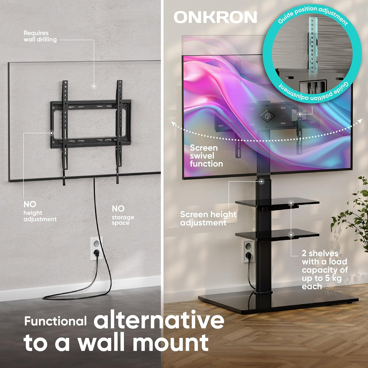 ONKRON TV Vloerstandaard voor 32-65 inch TV’s tot 40 kg, universele TV standaard kantelbaar en in hoogte verstelbaar max 600x400 VESA Standaard TV statief/TV wagen met wielen zwart TS5550-B