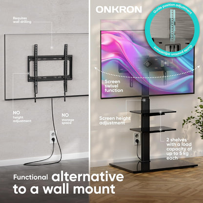 ONKRON TV Vloerstandaard voor 32-65 inch TV’s tot 40 kg, universele TV standaard kantelbaar en in hoogte verstelbaar max 600x400 VESA Standaard TV statief/TV wagen met wielen zwart TS5550-B