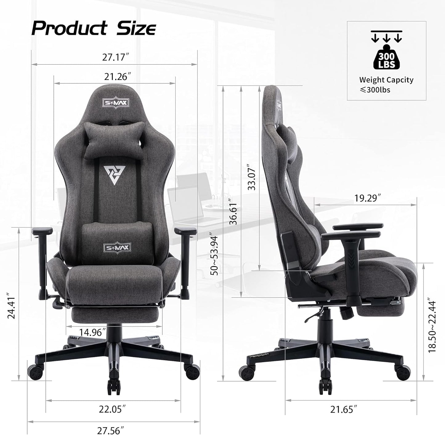 S*MAX Gamingstoel, stof, grijs, met voetensteun, verdikte stoel, 3D-armleuning, videospelstoelen met hoge rugleuning, ergonomische gamingstoel voor volwassenen