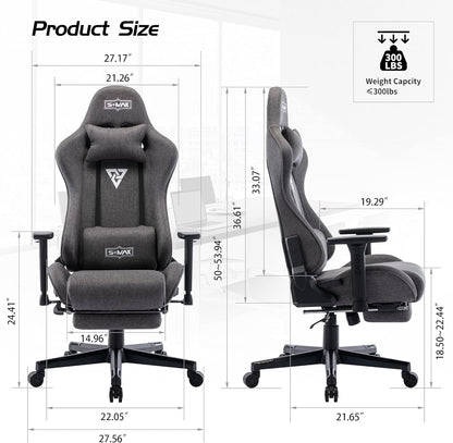 S*MAX Gamingstoel, stof, grijs, met voetensteun, verdikte stoel, 3D-armleuning, videospelstoelen met hoge rugleuning, ergonomische gamingstoel voor volwassenen