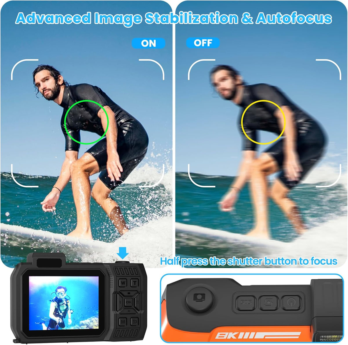 Verbeterde 8K 70MP onderwatercamera met 32G-kaart, 33FT waterdicht, robuust, stofdicht schokbestendig voor snorkelen, selfie digitaal voor duiken, dual-screen fotografie