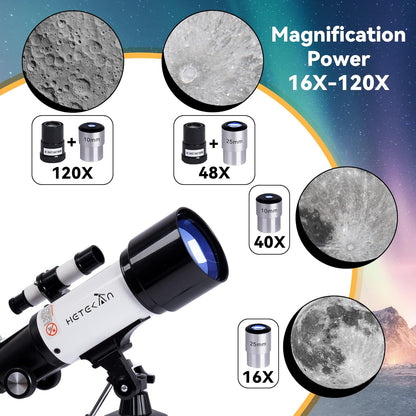 Telescoop, Astronomie Telescoop voor Volwassenen Kinderen Beginners, 70mm Opening 400mm AZ Mount Refractor-Telescoop met Statief, Zoeker en Telefoonadapter
