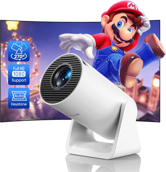 Mini-projector, 4K, 1080p, FHD ondersteund, automatische keystone/korte brandpuntsafstand: draagbare wifi-bluetooth-projector met hoek 270 graden, zoom, 85% videoprojector, wifi6, thuisbioscoop/buiten