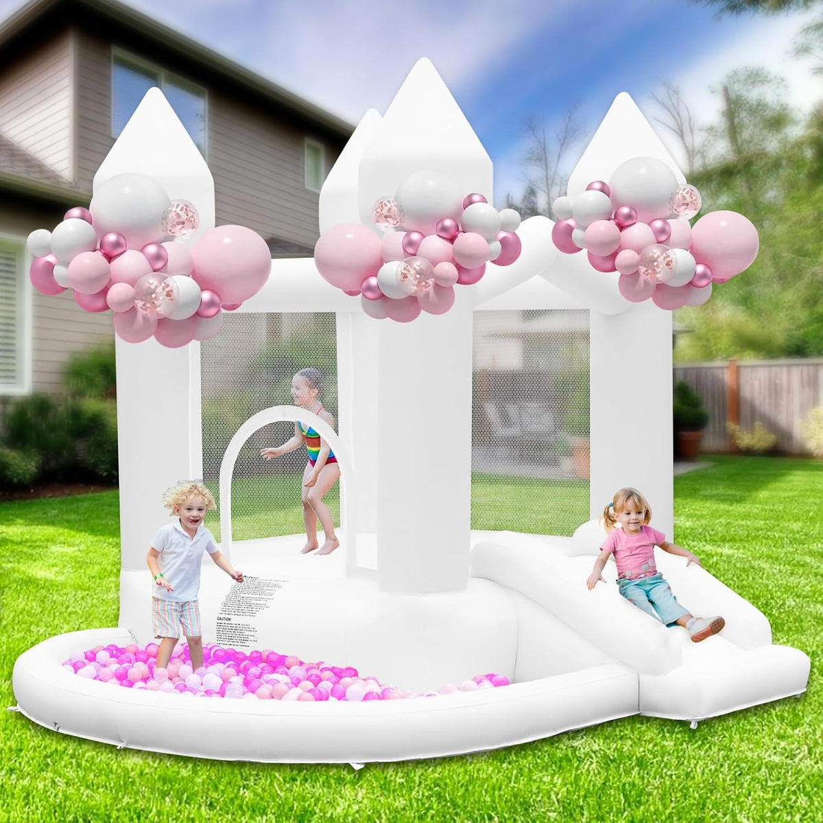 Opblaasbaar kasteel met luchtpomp, opblaasbaar kinderkasteel met glijbaan, groot ballenbad voor bruiloft, feest, tuin, verjaardag, voor 3-10 jaar, tot 140 kg