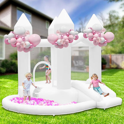 Opblaasbaar kasteel met luchtpomp, opblaasbaar kinderkasteel met glijbaan, groot ballenbad voor bruiloft, feest, tuin, verjaardag, voor 3-10 jaar, tot 140 kg