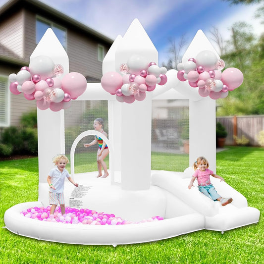 Opblaasbaar kasteel met luchtpomp, opblaasbaar kinderkasteel met glijbaan, groot ballenbad voor bruiloft, feest, tuin, verjaardag, voor 3-10 jaar, tot 140 kg