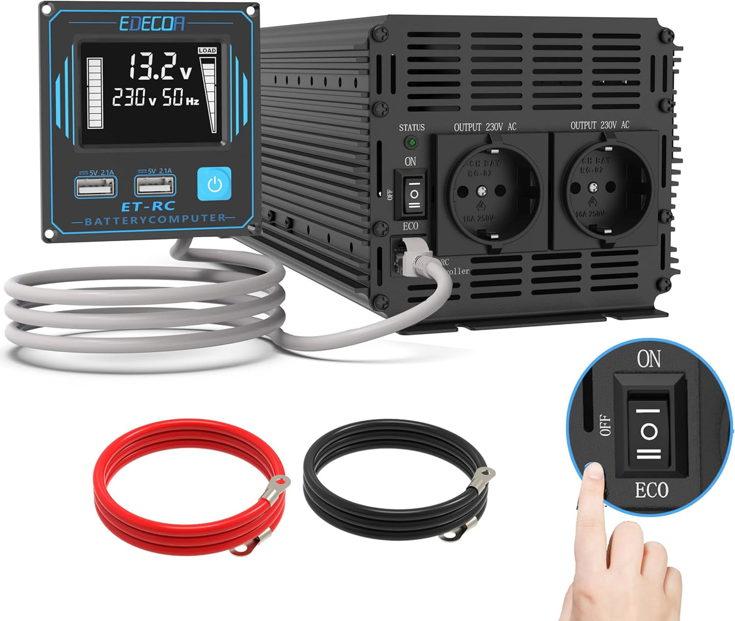 Omvormer 12V naar 230V – Spanningsomvormer, Inverter, Stroomomvormer, Zuivere Sinus Omvormer – 2000W Continu / 4000W Piek – LCD-afstandsbediening