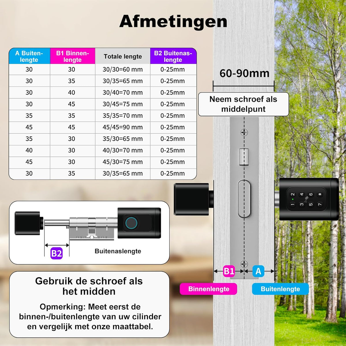 Deurslot – Vingerafdrukslot – Elektronisch Slot – Smart Lock – RFID Deurslot – Verstelbare Lengte 60-90 mm – Bluetooth & App Ontgrendeling