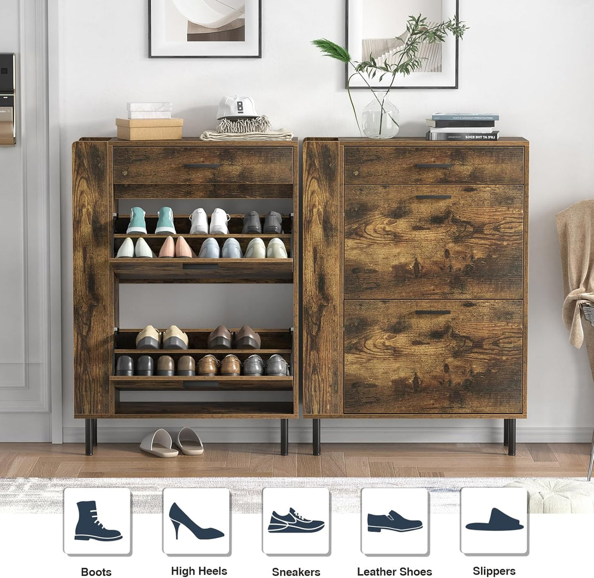 Schoenenkast – Schoenenrek – Schoenenopberger – Schoenenkastje – Schoenenschuiflade – 12-16 Paar - Smal Design – Rustiek Wit