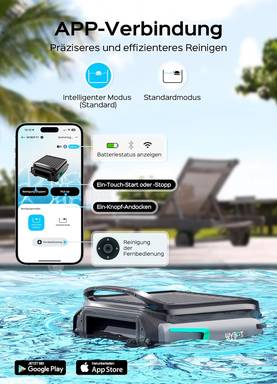 WYBOT F1 Zwembadskimmer op zonne-energie, met accu, ultrastil, app-bediening, voor alle zwembaden, mat zwart-groen (oplader niet inbegrepen, zie speciale aanbieding)