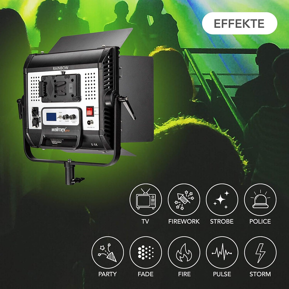 Walimex pro Rainbow 50W LED RGB vlaklamp set van 2 met statief - set van 2 x studiolamp videolamp + 2 x statief, lamp 360 kleuren, 50W 3200-999K CRI 95, V-Mount accu, dimbaar, app of DMX