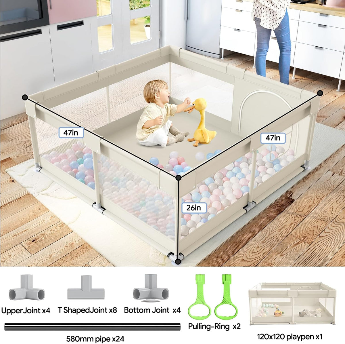 Fodoss 47 x 47 inch box, 120 x 120 cm playpen for children (47 x 47 inch beige) - QUORE