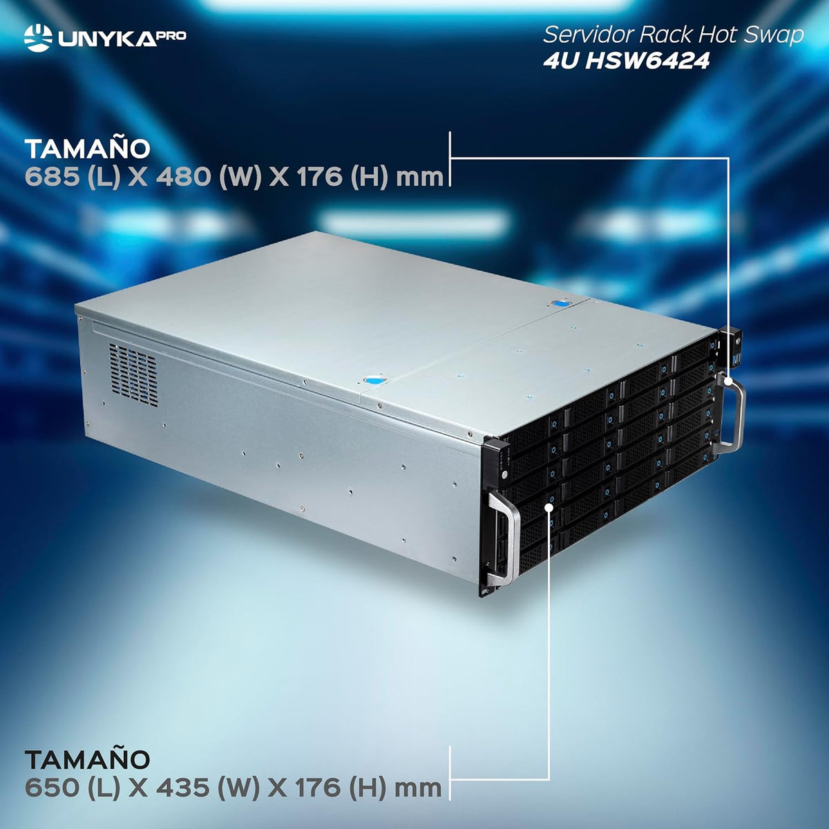 UNYKAch HSW6424 ATX 19" 4U Hot Swap Rackbehuizing (HSW6424 ATX), 24 sleuven, voor 3,5 of 2,5 inch schijven, 3 x 120 mm ventilatoren, 2 x USB 2.0