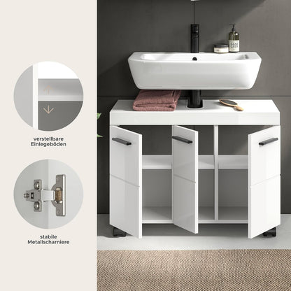 xonox.home – Wastafelonderkast Nova op wielen 80 x 58 x 30 cm in wit hoogglans – grote badkamerkast met 3 deuren, 3 planken en 6 vakken – veel opbergruimte op wielen, stijlvol en bijzonder