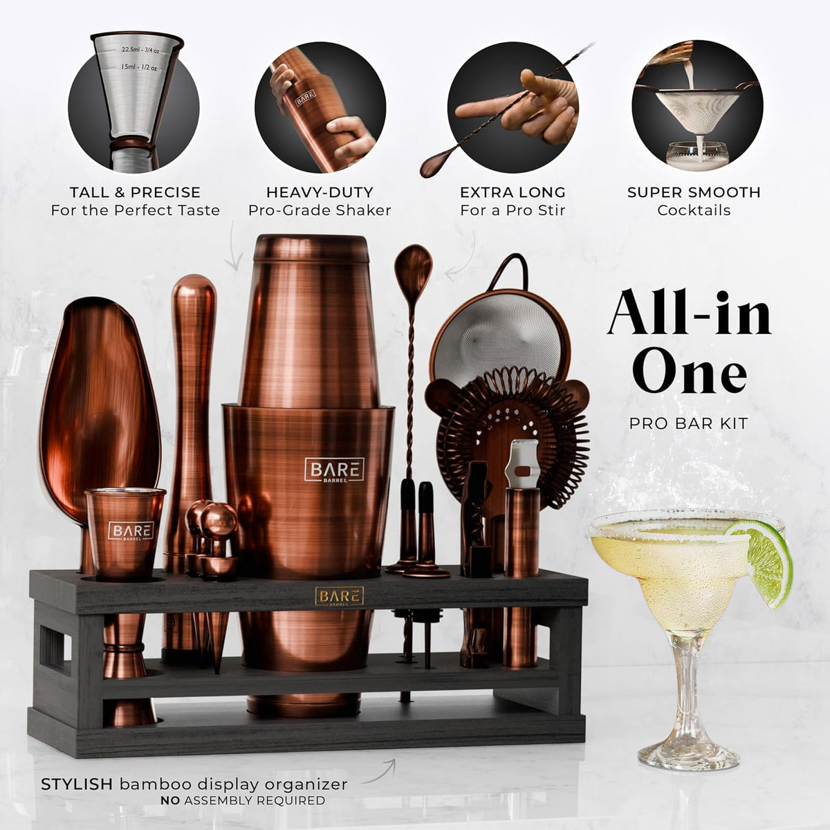 Cocktailset – Bartenderset – Cocktailshakerset – Barset – Shakerset – 16-Delige Set Met 800 Ml Boston Shaker En 35 Receptkaarten – Koper/Zwarte Afwerking Met Bamboe Displaystandaard