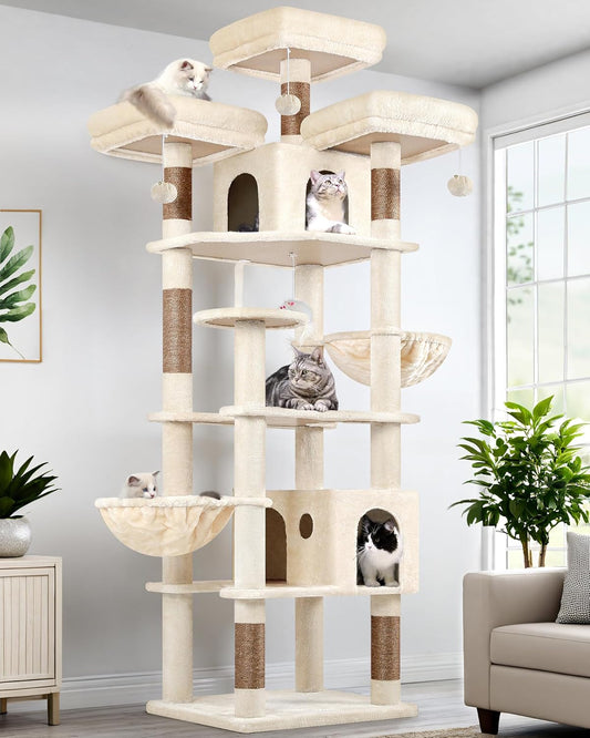 Globlazer Cat Tree Beige XXL 209cm with 3 Seat Rod Cushioned, 2 Cat House, Large Platform, 2 Basket, Plush Toys, Luxury Scratching Post Large Stable for 3-5 Cats Rest Play Indoor (F82, Beige) - QUORE