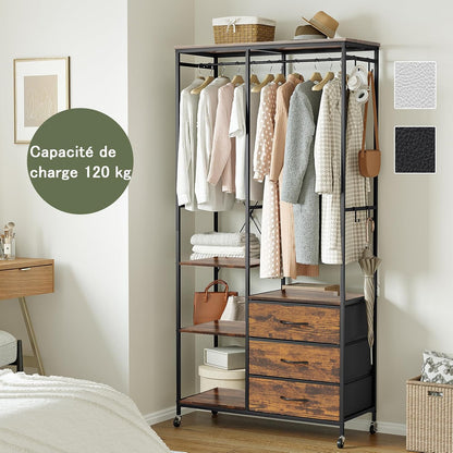 Kledingkast, Kledingrek, Verrijdbaar Kledingrek met Lades, voor Slaapkamer, Open Kledingkast voor Hangende Kleding, Hangrail, Verstelbare Planken, Haakjes, Stalen Frame, Rustiek Bruin