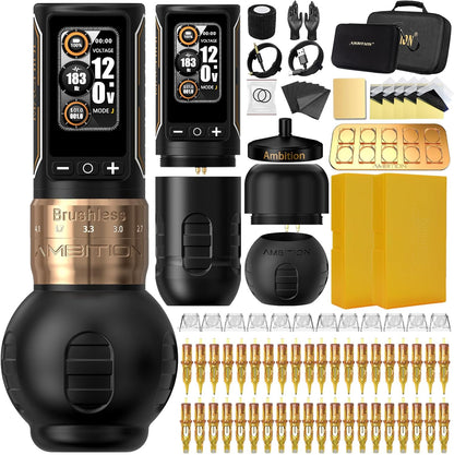 Ambition Ninja Max 280 Tattoo Kit Draadloze Rotary Machine met 7 Verstelbare Slagen, 40 Naaldpatronen, Dubbele 2400mAh Batterijen, 280 g.cm Krachtige Borstelloze Motor, 54mm & 32mm Grips