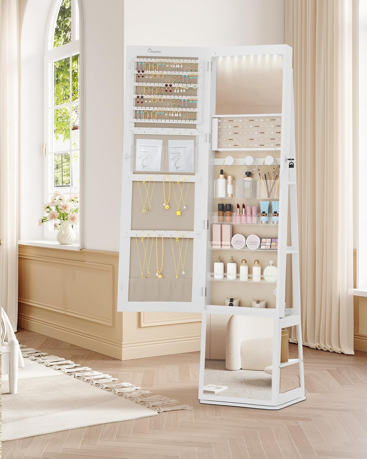 Hzuaneri Jewellery cabinet, with 360° rotating base, lockable mirror in full length, large 4-stage storage compartments, 4-in-1 multifunctional (white and beige)