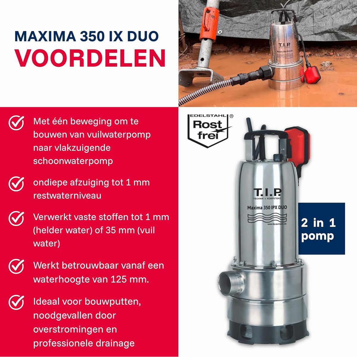 Vuilwaterpomp – Dompelpomp – Waterpomp – Drainagepomp – Noodpomp – Uitschuifbare Pompvoet – Vlakke Aanzuiging 1 Mm – 800 W – 20.000 L/uur – Max. Opvoerhoogte 8 M