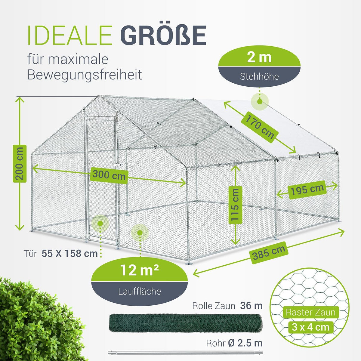 Vrijloopren – Buitenren – Dierenren – Kippenhok – Konijnenren – 3x4x2 Meter – Verzinkt Stalen Frame – Waterdicht PE Zeil