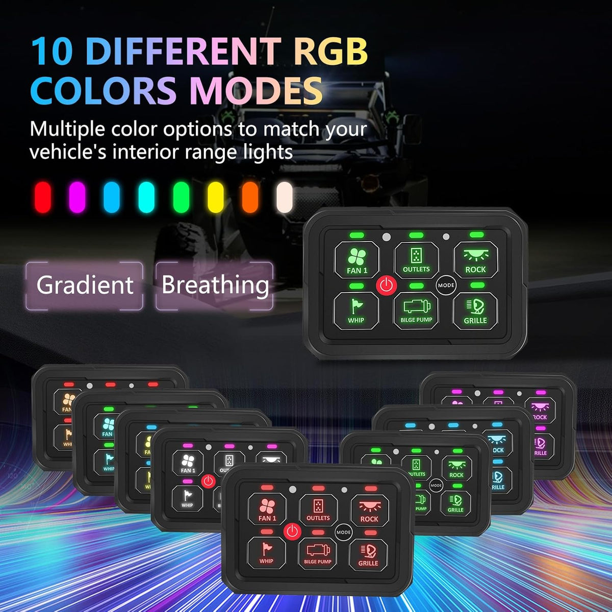 Chelhead 6 Gang RGB tuimelpaneel schakelpaneel, momentane puls, verbeterd 12 V offroad schakelpaneel, automatisch dimmen, kleurindicatoren, IP65 waterdicht