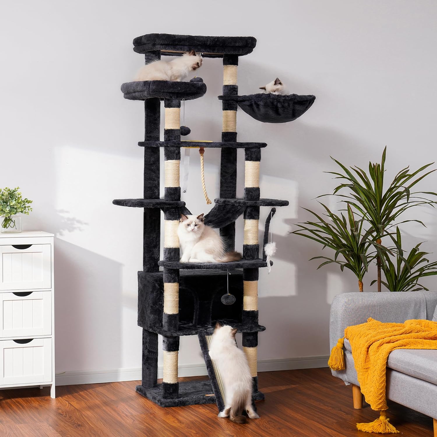 Krabpaal Kat – Krabmeubel – Klimpaal – Kattenboom – Krabton – 200 cm Hoog – XXL Ligplekken & 11 Sisal Krabpalen – Bruin-Beige - QUORE
