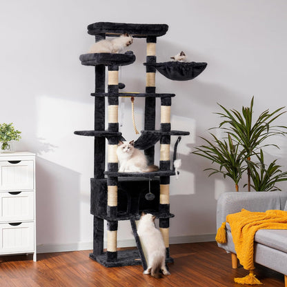 Krabpaal Kat – Krabmeubel – Klimpaal – Kattenboom – Krabton – 200 cm Hoog – XXL Ligplekken & 11 Sisal Krabpalen – Bruin-Beige - QUORE