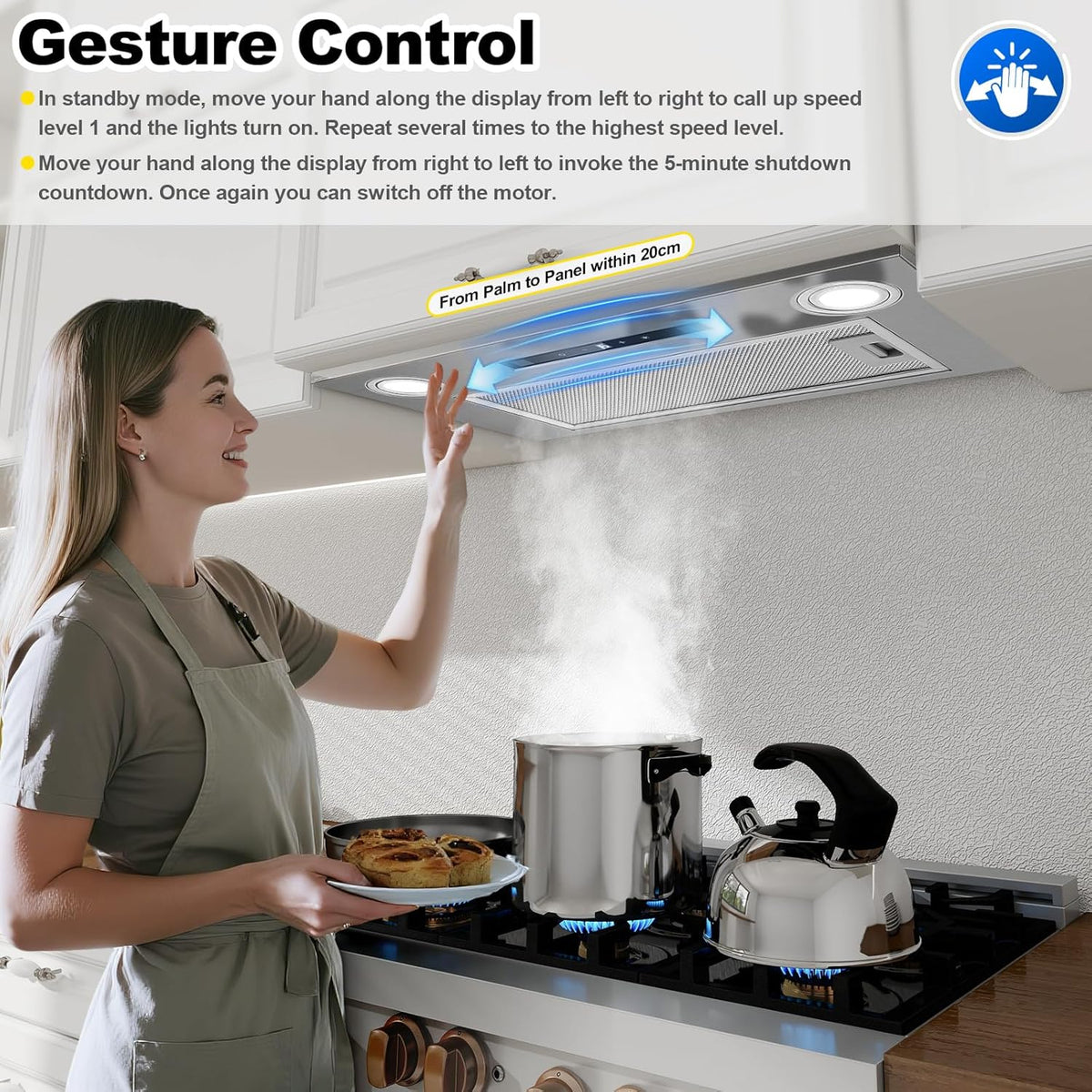 afzuigkap 52 cm, inbouwafzuigkap, 400 m³/u, 3 vermogensstanden en boosterfunctie, gebarenbediening, touchbediening, afzuiging/recirculatie met actieve koolfilter en rookpijp, afzuigkap