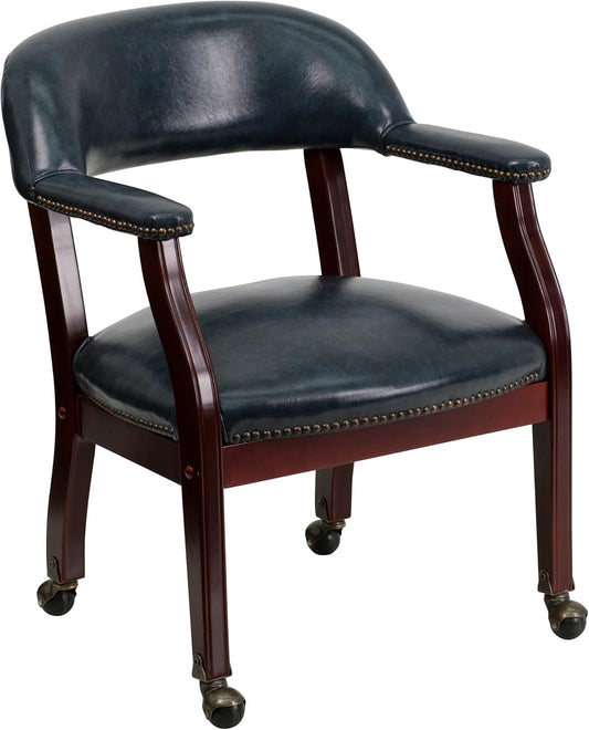 Conferentiestoel – Vergaderstoel – Kapiteinsstoel – Bureaustoel – Wachtruimtestoel – Set van 1 – Marineblauw Vinyl – Massief Hardhouten Frame
