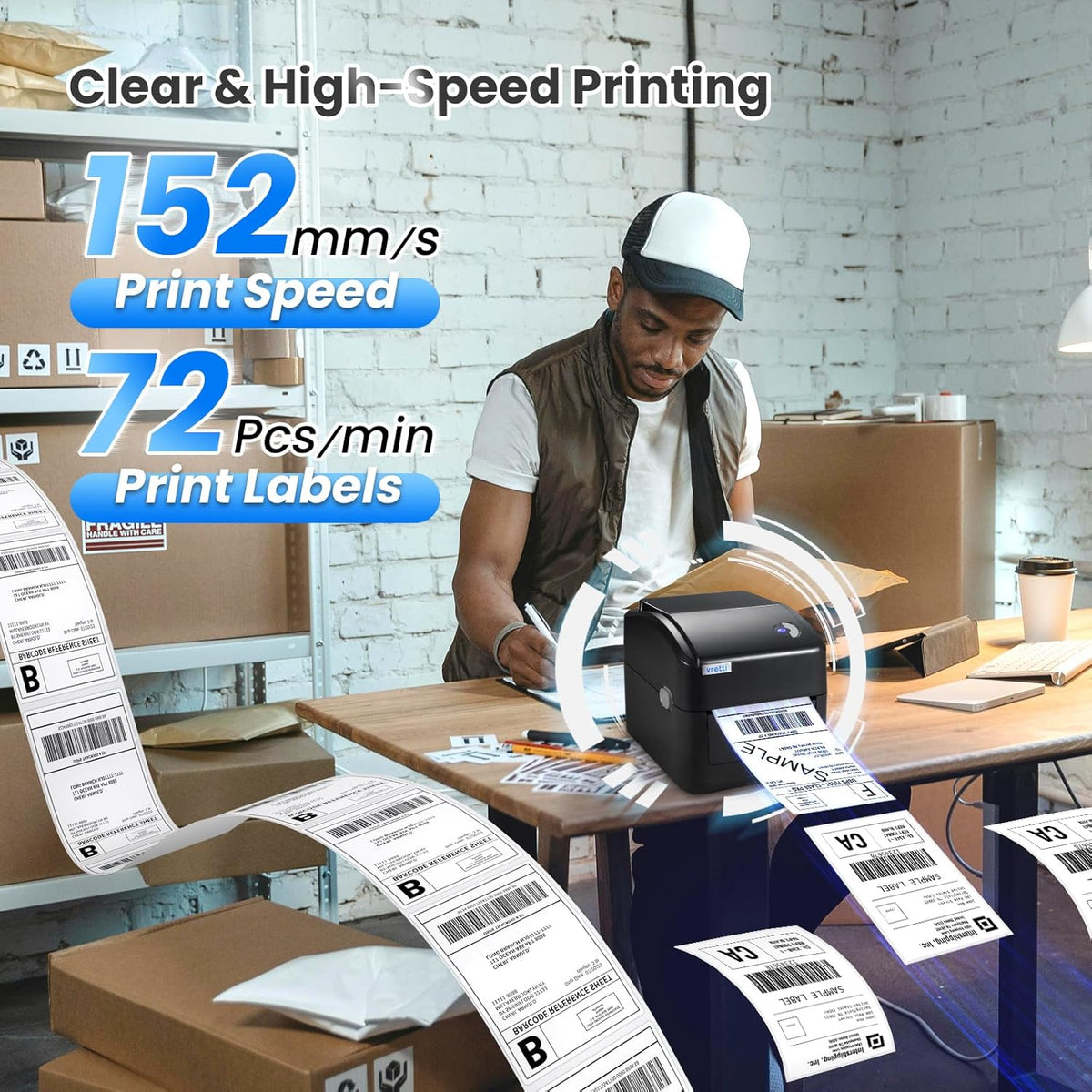 vretti Thermische Printer, Verzendlabelprinter, Thermische labelprinter 4x6 voor verzendetiket, verzendlabel, compatibel met Windows, Mac OS en Linux-systemen