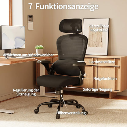 TRALT Ergonomische bureaustoel, bureaustoel met verstelbare hoofdsteun, in hoogte verstelbaar, bureaustoel, ergonomische bureaustoel, gamingstoel, 150 kg, voor lange tijd, zwart
