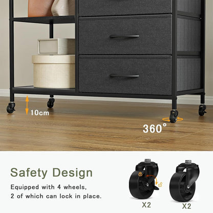 Kledingrek – Open Garderobe – Kledingwagen – Kledingrail – Kledingkast – Zwart Stalen Frame – 3 Laden & Verstelbare Plank