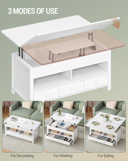 Hzuaneri Coffee Table, 3-in-1 Height Adjustable Folding Top Coffee Table, with 3 Drawers Large Storage Space, 100×50×47cm Extendable (100×63cm) for Living Room/Office, White CT22203W
