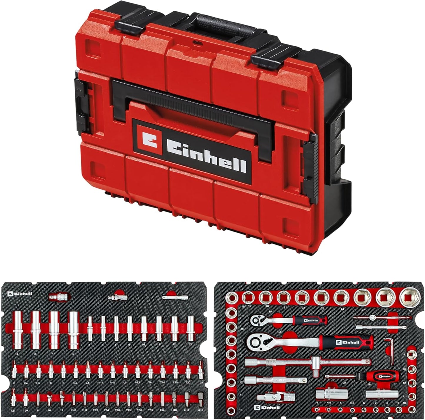 Originele Einhell Werkplaatskoffer E-Case 92 stuks (uitrusting, autodoppen, eindkappen, ratels, T-handgreep, E-koffersysteem)