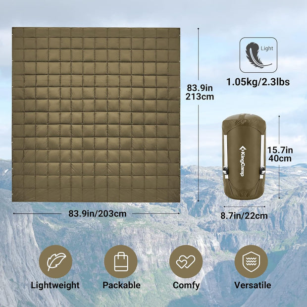 KingCamp Reisdeken, campingdeken, outdoordeken, superlicht, warm, winddicht, waterafstotend, compact, kleine verpakkingsmaat, 213 × 203 cm, olijfgroen
