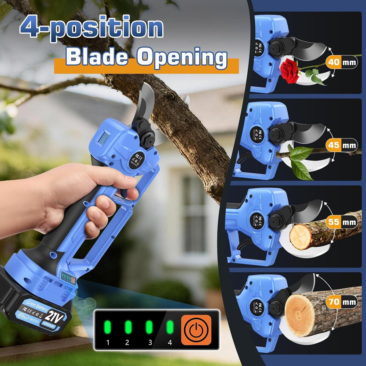 Professionele elektrische takkenschaar, accu 2 x 2 Ah, 40-50 mm snijdiameter, 6-10 uur gebruiksduur, blauw, complete set voor tuin en tuin