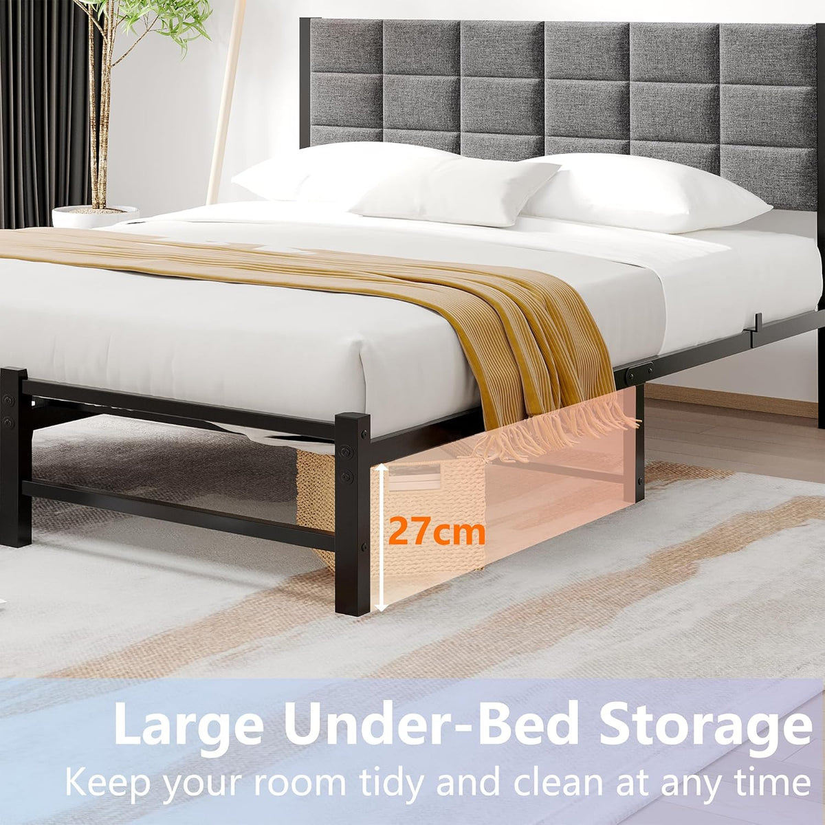 Bedframe, 120 x 200 cm met lattenbodem van metaal, gestoffeerd bed met opbergruimte, bedframe, tienerbed, tweepersoonsbed met hoofdeinde, voor slaapkamer, logeerkamer, donkergrijs