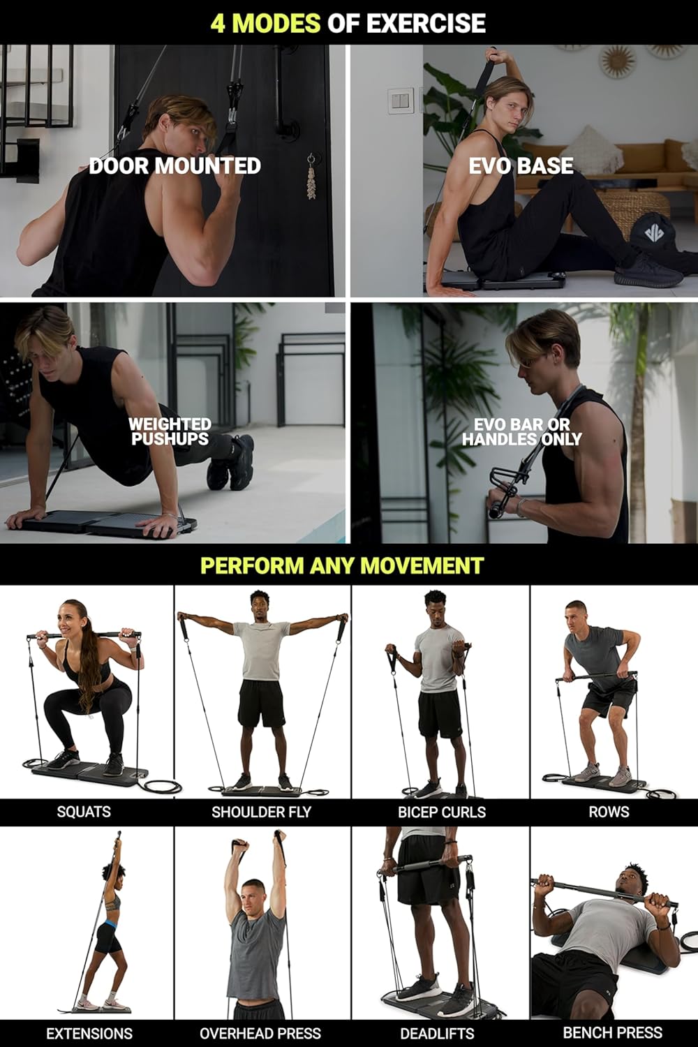 EVO Gym - Portable Strength Training Equipment for Home Gym, Home Fitness Equipment | All in One Gym - Resistance Bands, Fitness Bar Base & Travel Handles | Portable - QUORE