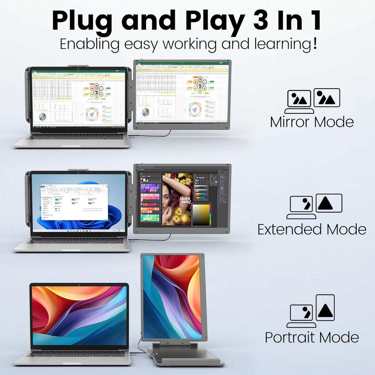 KEFEYA Draagbare monitor, 14 inch, 2K QHD, contrast 1500:1, draagbare schermuitbreiding, geïntegreerde houder en luidspreker, plug & play voor Mac/Windows laptops 13-16,5 inch, Chrome, Switch