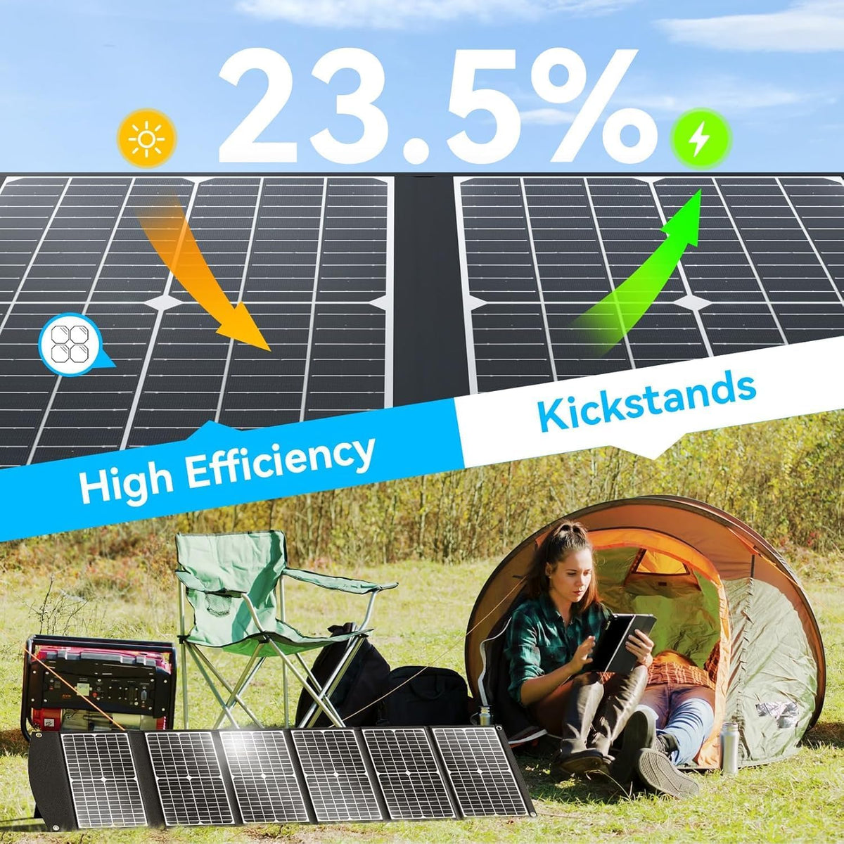 Ecosonique 100 W opvouwbare zonne-oplader, draagbare oplader op zonne-energie, snel opladen met USB-C PD3.0 USB-A QC3.0 DC 20 V, licht met standaard voor camping, stroomstation, zonne-generatoren