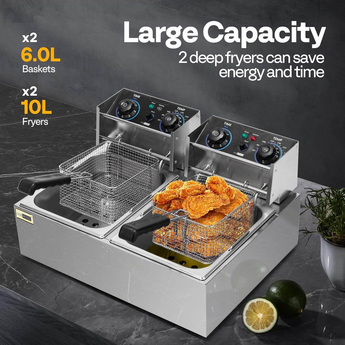 VIVOHOME 20L Oliefriteuse 5000W Grote dubbele friteuse met 60-minuten timer en traploze temperatuurregeling Professioneel met 2 frituurmanden voor commercieel en thuisgebruik