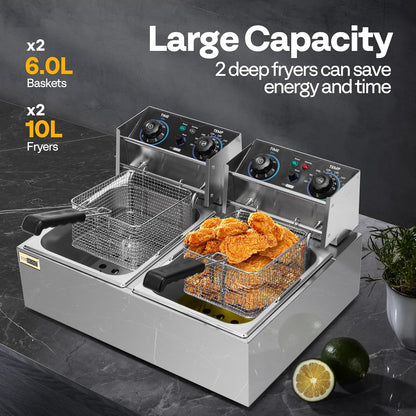 VIVOHOME 20L Oliefriteuse 5000W Grote dubbele friteuse met 60-minuten timer en traploze temperatuurregeling Professioneel met 2 frituurmanden voor commercieel en thuisgebruik