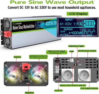 FLAMEZUM 4000 W Power Inverter,Omvormer 12V naar 230V Zuivere Sinus spanningsomvormer, 2 EU Stopcontact met USB-uitgang,Afstandsbediening,Geschikt voor koelkasten,Elektrisch Gereedschap