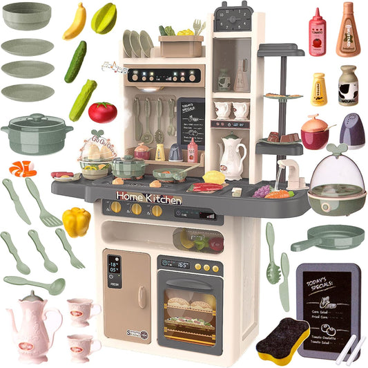 Speelkeuken - Speelgoedkeuken - Keukenset - met Licht - Water - Stoom - Klei - 65 Keukenaccessoires - Modern Stijl - 71 x 28.5 x 93.5 cm - Grijs