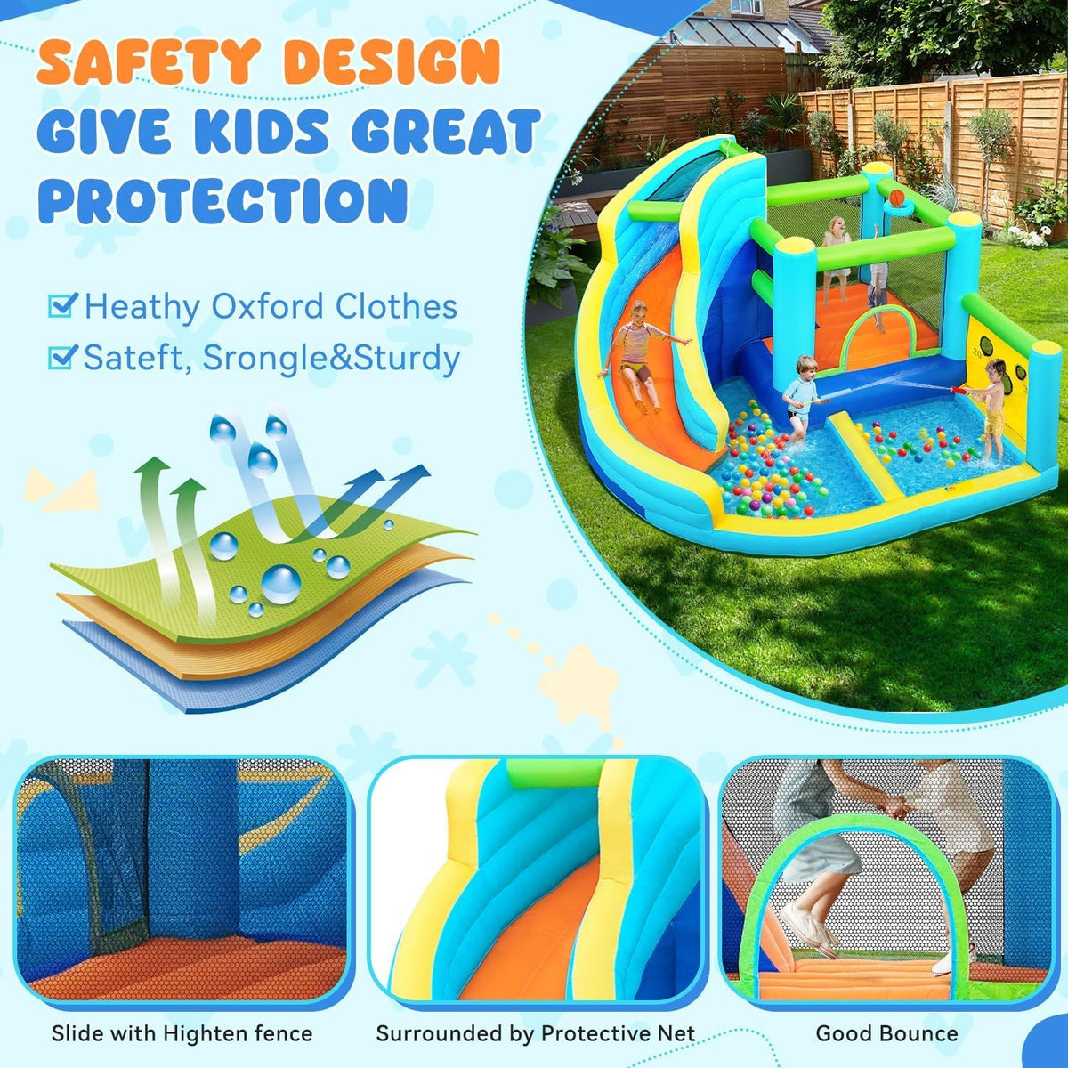 FBSPORT Springkasteel met ventilator, waterspeelcentrum met droog-/waterglijbaan, kinderbadje, klimwand, spring- en basketbalmand, groot springkasteel voor binnen en buiten, geschikt voor maximaal 4