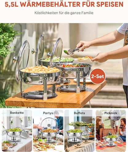 Wilprep Chafing dish rond met glazen deksel, Buffet set van 2, RVS voedselwarmer kit 5,5 liter, Bain Marie met brandpasta houder, voor partijen buffetten banketten diners