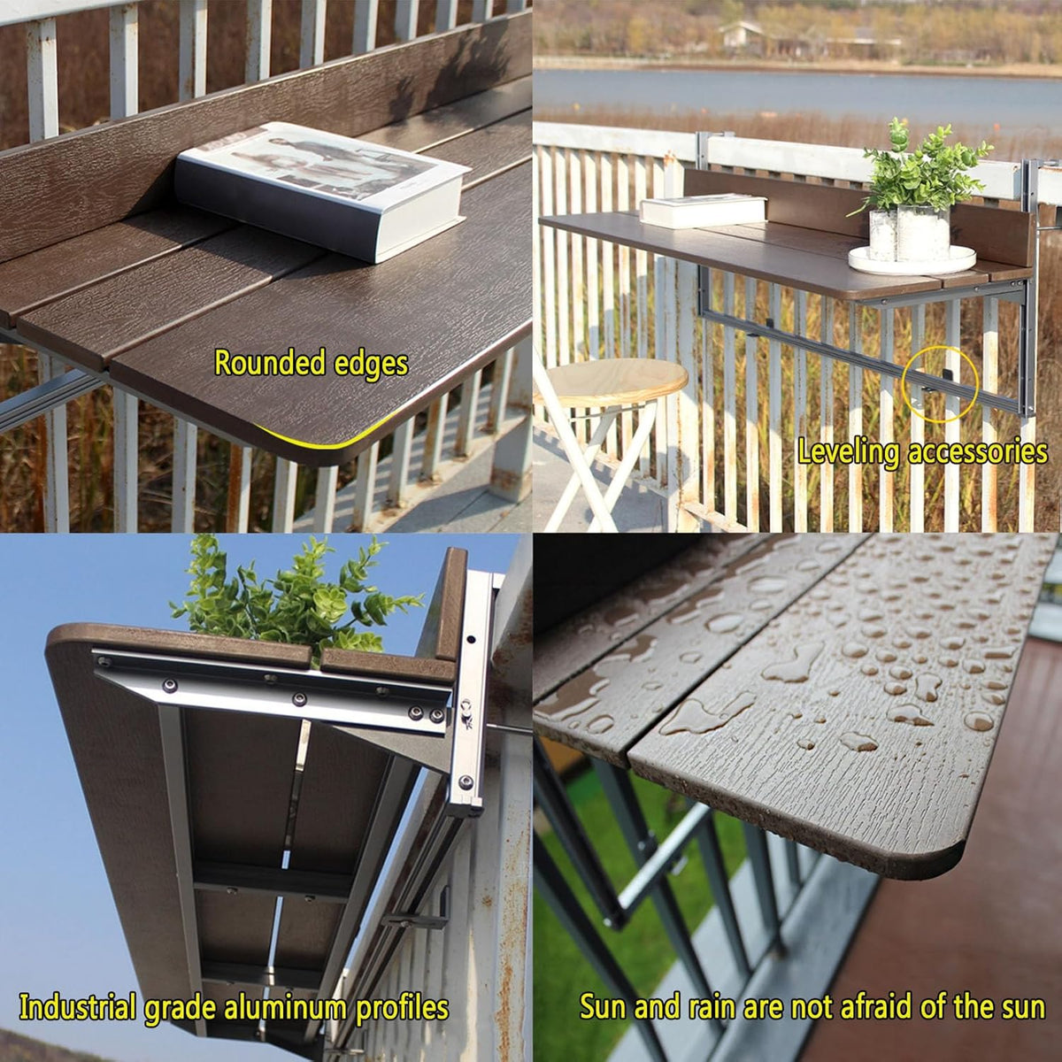 Balkontafel om op te hangen, klaptafel, metaal, in hoogte verstelbaar, aluminium, inklapbaar, wandtafel, leuning, terras, voor buiten, tuin, kantoor, patio (bruin, 80 x 37 cm) - QUORE
