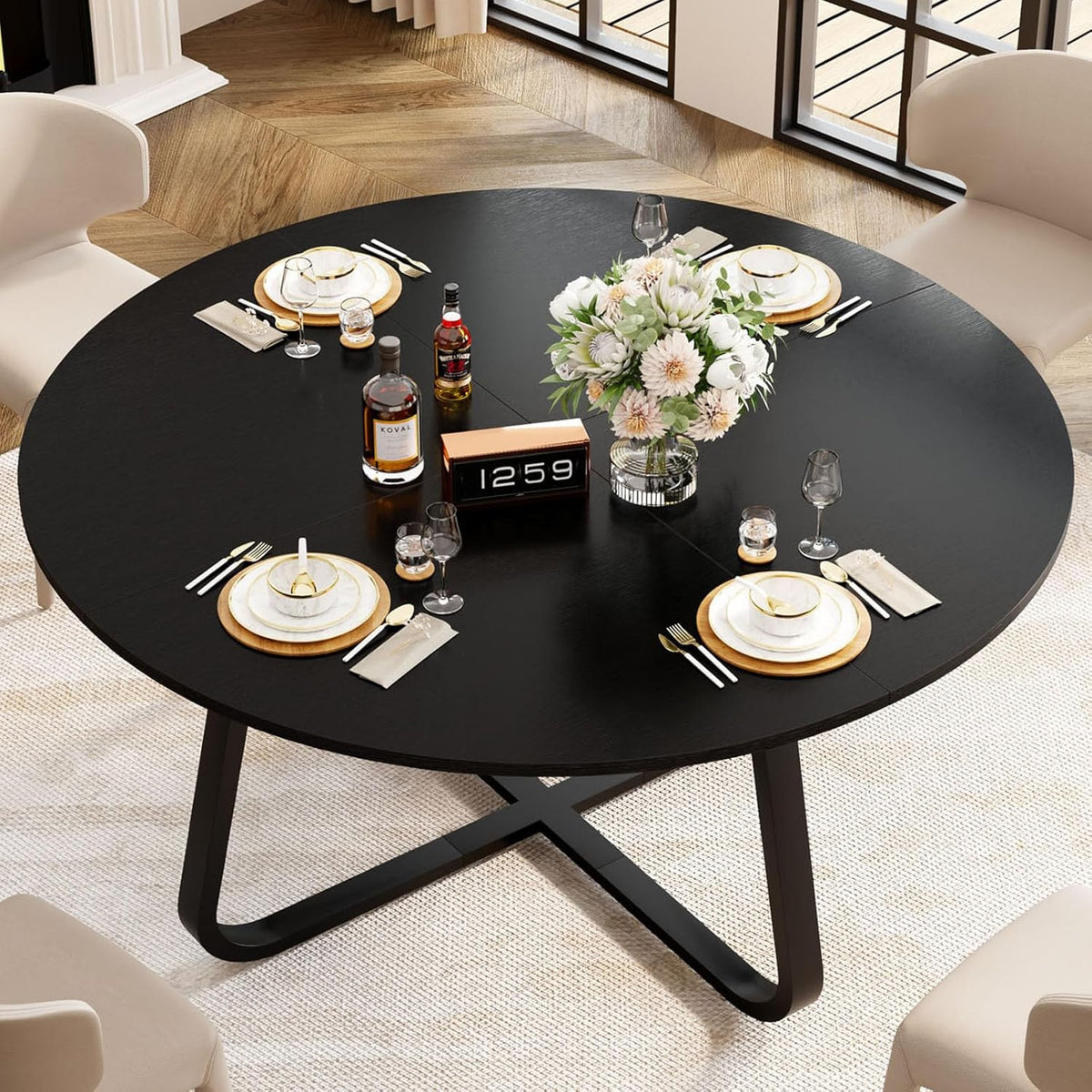 LVB Zwarte ronde eettafel en eettafel, moderne keuken van metaal en hout, kleine industriële tafel voor 4 tot 6 personen