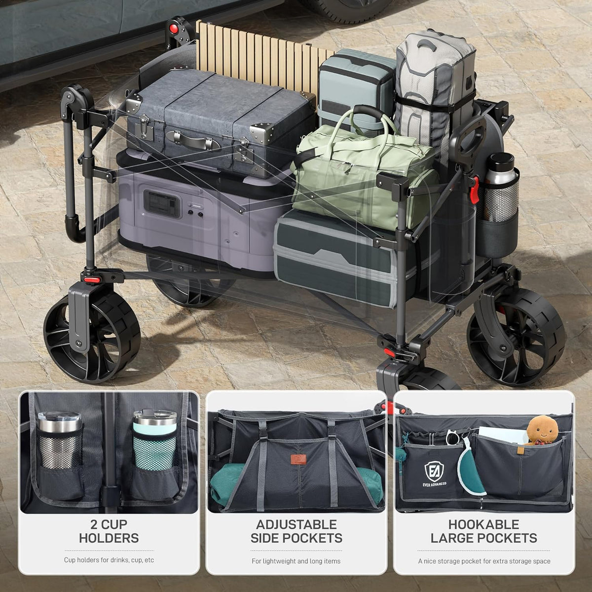 EVER ADVANCED XXL bolderkar, opvouwbaar, 225 l tot 150 kg, met rem, dak, handwagen, schuiven en trekken, inklapbaar, strandwagen, 20 x 8 cm brede wielen, vouwwagen voor camping, strand, winkelen en